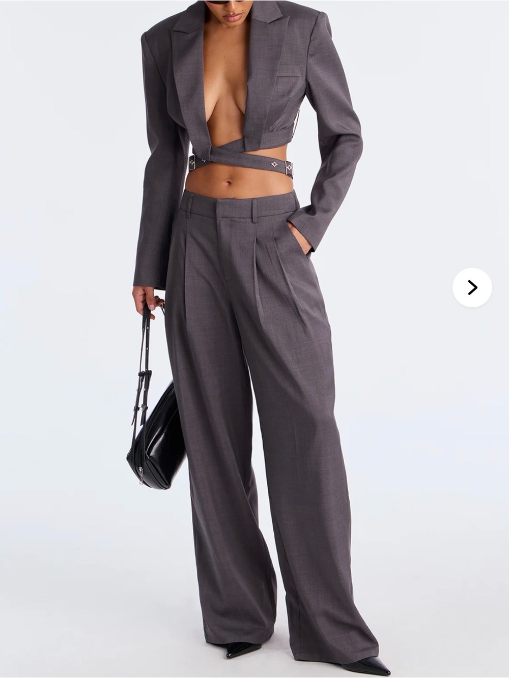 Tailored High-Waist Wide-Leg Pants Set- Charcoal Gray